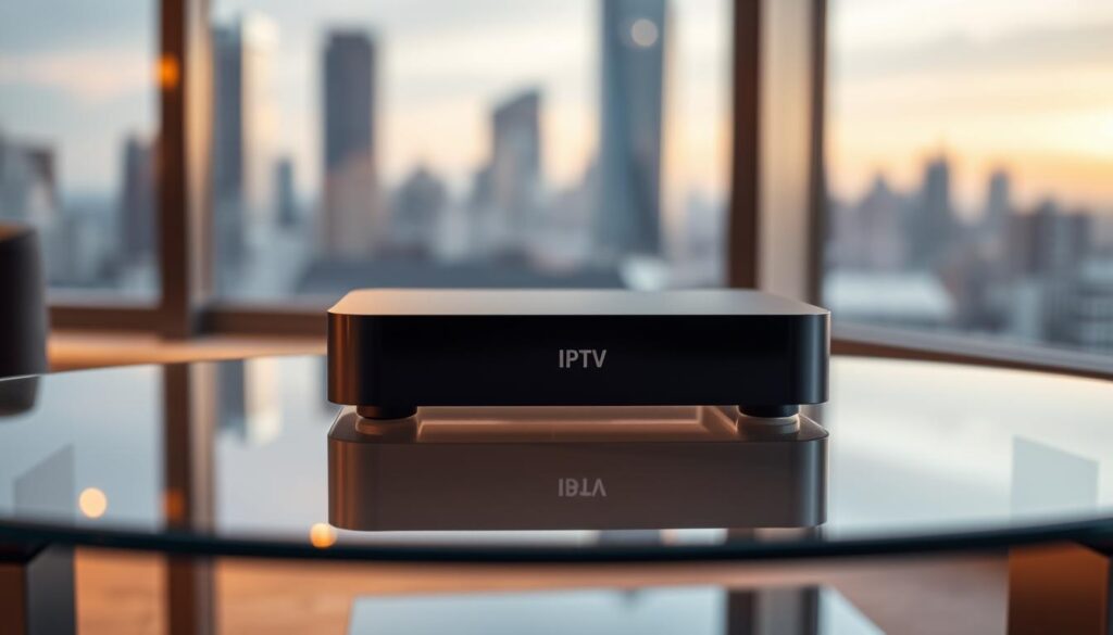 A sleek, minimalist IPTV device resting on a glass table, bathed in warm, diffused lighting. The device features a clean, modern design with a subtle logo, seamlessly blending into the elegant, clutter-free environment. In the background, a blurred cityscape can be seen through a large window, adding a sense of urban sophistication. The scene conveys a premium, high-quality aesthetic, reflecting the sophisticated nature of IPTV subscriptions.